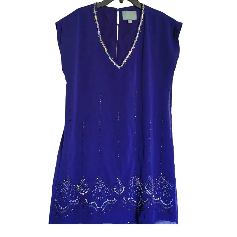 Skies Are Blue Retro Blue Beaded VNeck Lined Cap Sleeve Sheath Party Dress Small